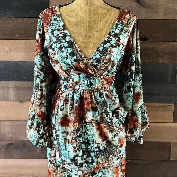 Betsey Johnson Set Shirt & Skirt Medium Brown Green Geometric Bell Sleeve Top - Picture 8 of 13